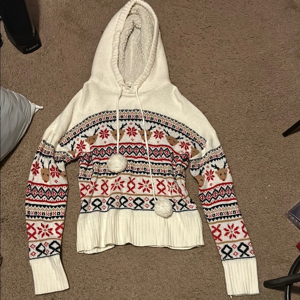 Cozy White Hooded Sweater with Festive Patterns